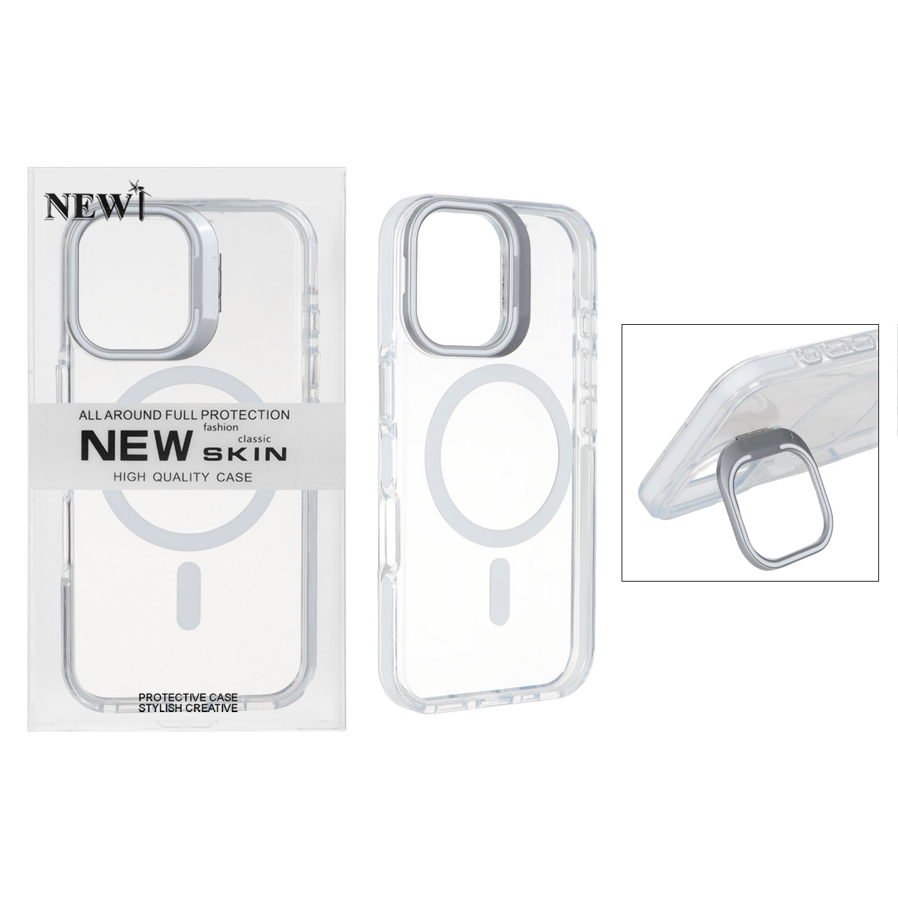 قاب اورجینال New Skin شفاف کریستالی MagSafe لنز استندشو Apple iPhone 16 - سفید (پک دار)